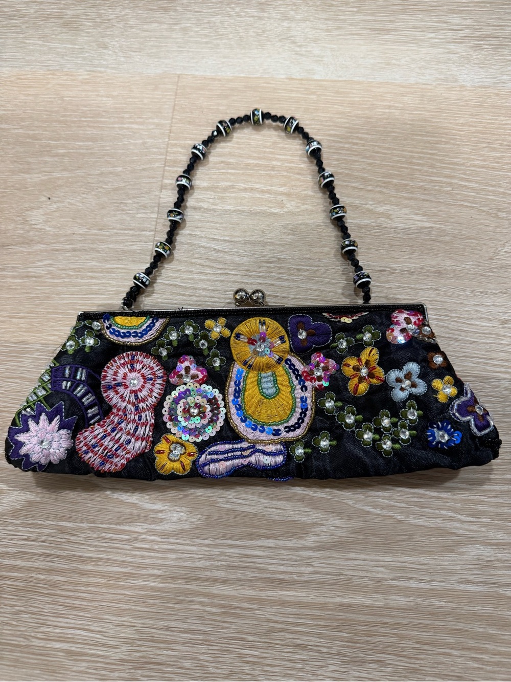 Embellished Black Beaded Handle Clutch Bag